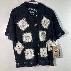 Womens Country Wear Button Front Patch Top Cats Fish Tree M NWT Cotton Linen Ble